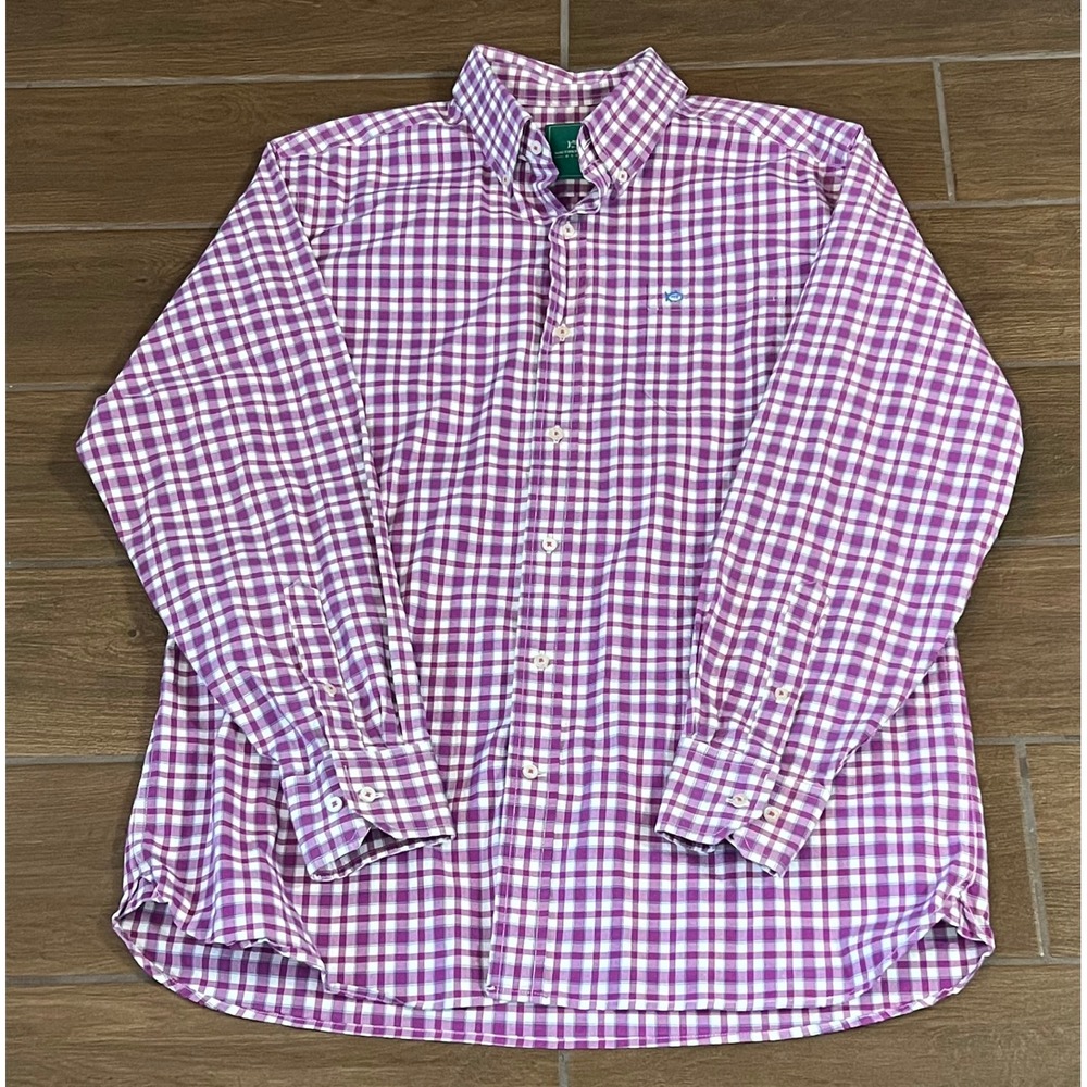 Southern Tide Club Mens Large Purple Gingham Pima Cotton Stretch Button Down - Picture 2 of 5